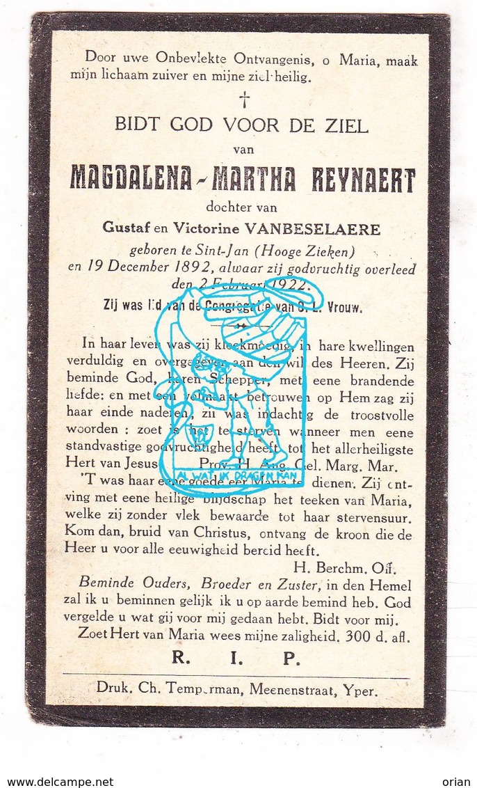DP Magdalena M. Reynaert / VanBeselaere 29j. ° St.-Jan / Hoge Zieken 1892 † 1922 - Images Religieuses