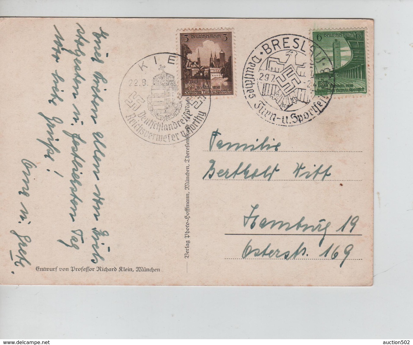 60PR/ Deutches Reich PK Hitler C.Breslau 1938 & Kiel 22/8/1938 - Lettres & Documents