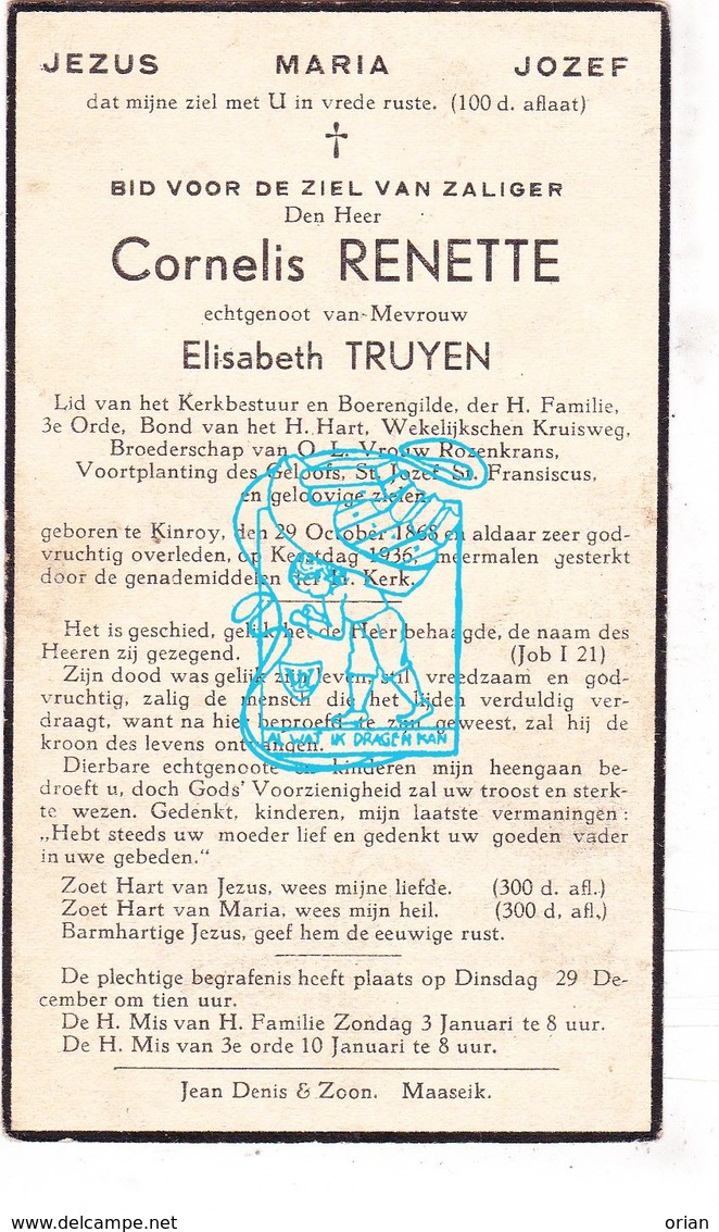 DP Cornelis Renette ° Kinrooi 1868 † 1936 X Elisabeth Truyen - Imágenes Religiosas