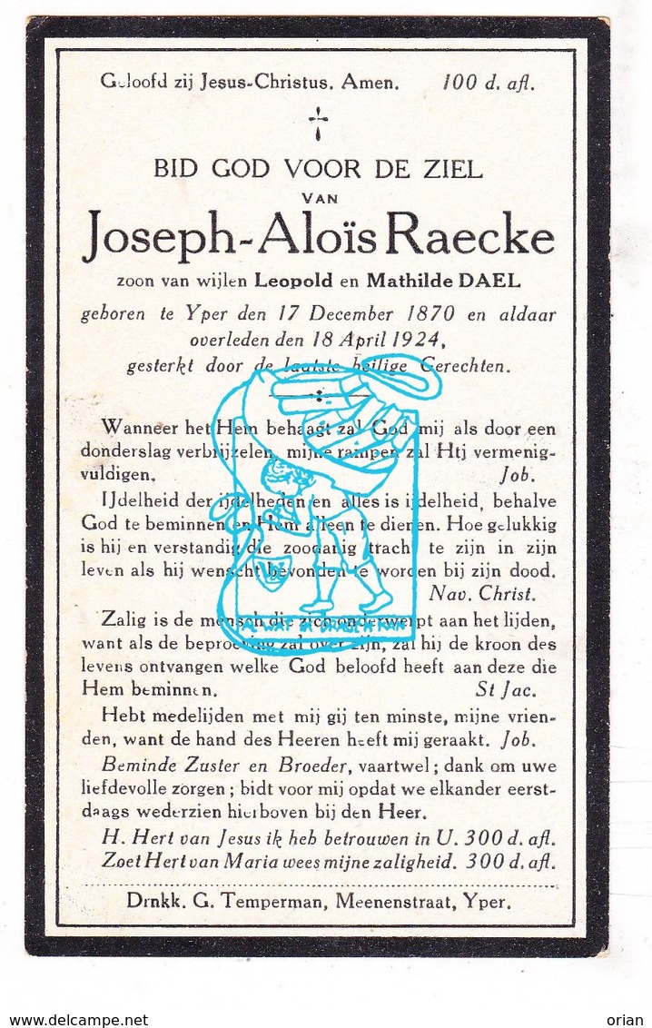 DP Joseph A. Raecke / Dael ° Ieper 1870 † 1924 - Images Religieuses