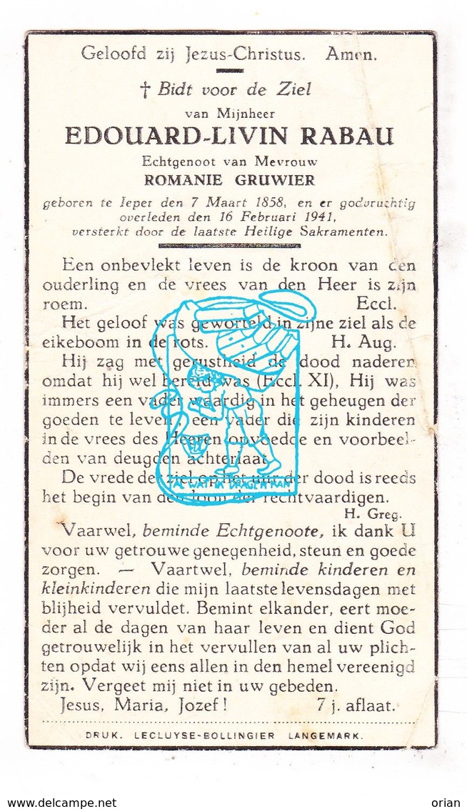 DP Edouard L. Rabau ° Ieper 1858 † 1941 X Romanie Gruwier - Imágenes Religiosas