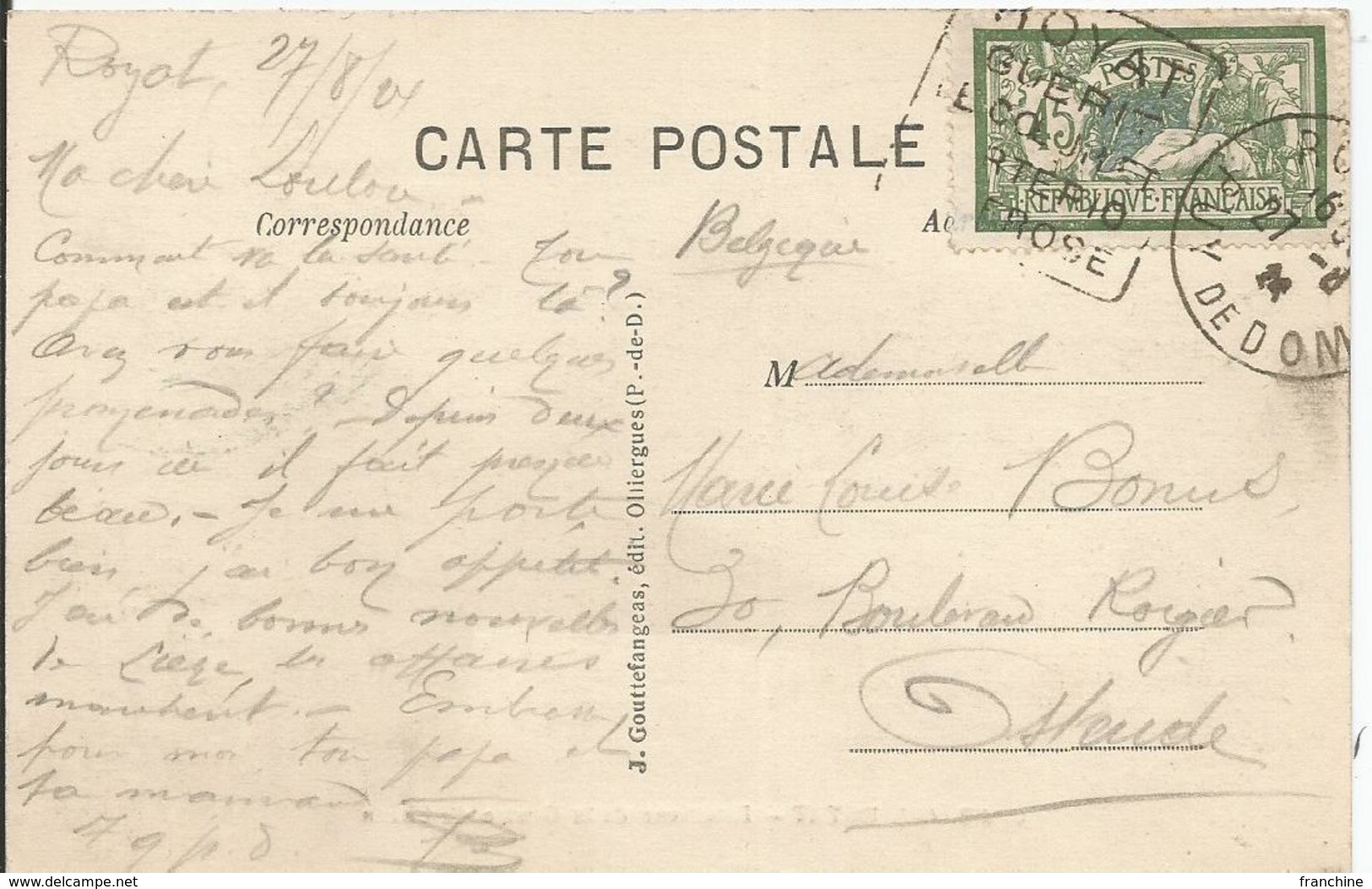 1907 - N°143 - Oblitéré (o) - Seul Sur Carte - ROYAT (Puyde Dôme) - Lettres & Documents