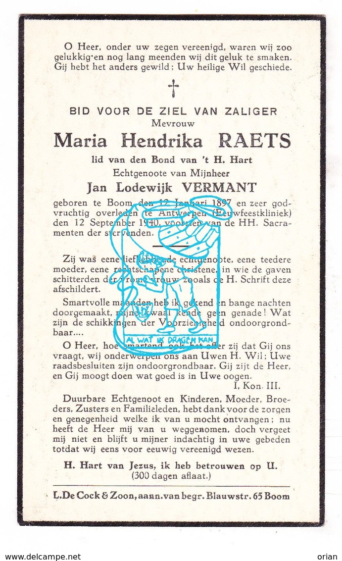 DP Maria Hendrika Raets ° Boom 1897 † Antwerpen 1940 X Jan Lodewijk Vermant - Images Religieuses