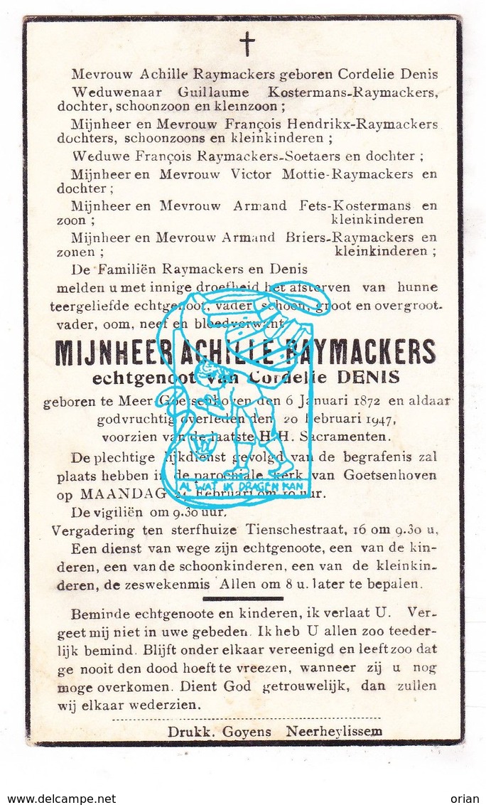 DP Achille Raymackers ° Meer Goetsenhoven Tienen 1872 † 1947 X Cordelie Denis / Mottie Briers Kostermans Hendrikx - Images Religieuses