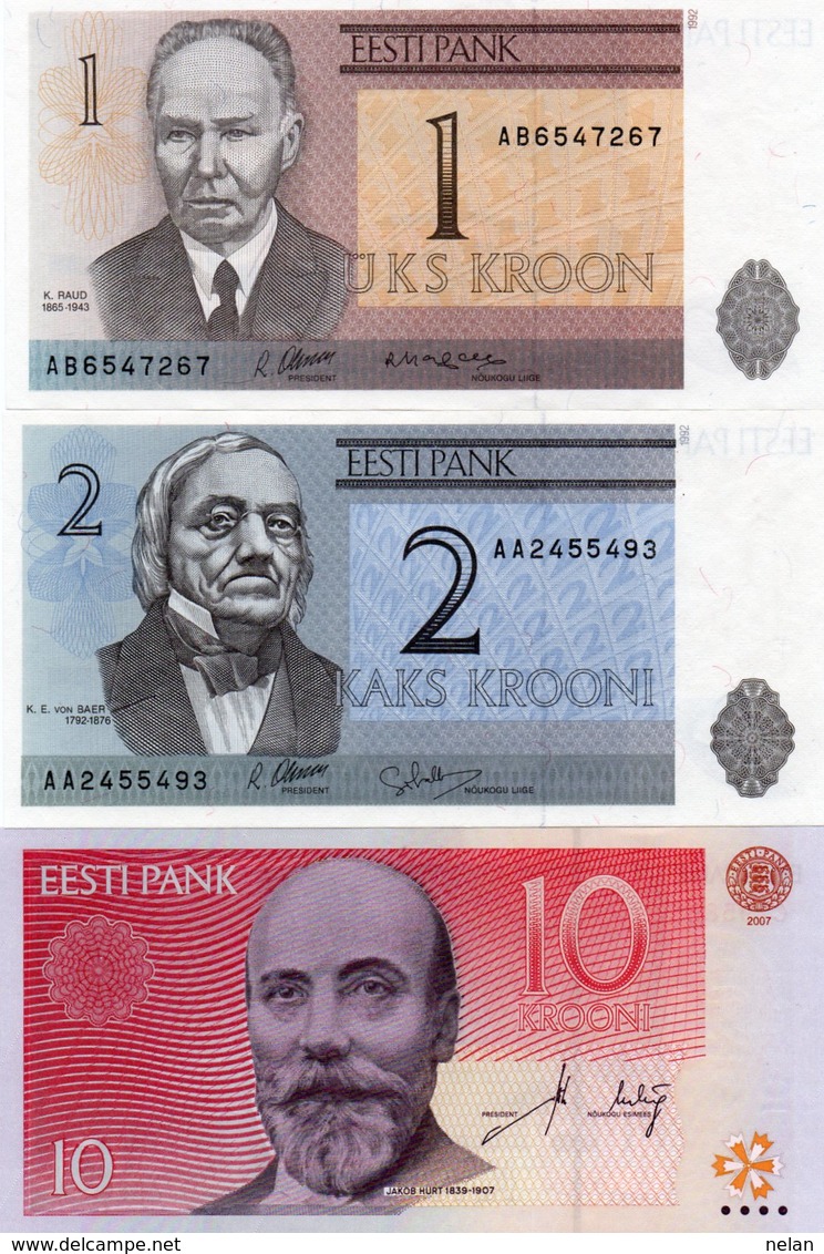 ESTONIA-1,2,10 KROON 1992,2007 P-69,70,77  UNC - Estland