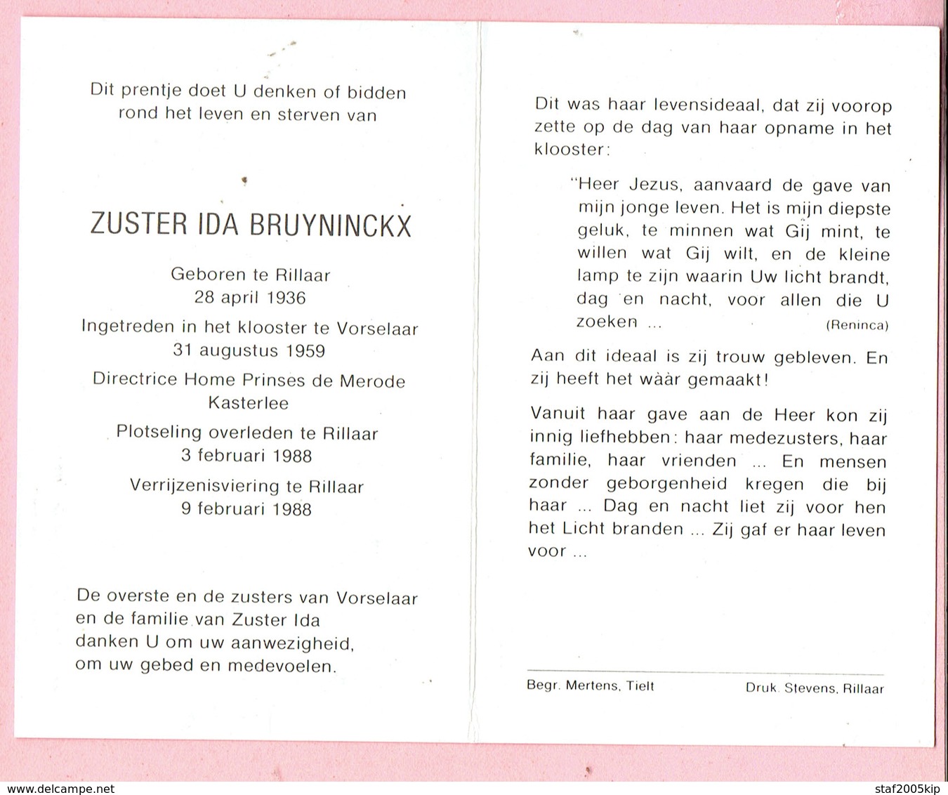 Bidprentje - Zuster IDA BRUYNINCKX Directrice Home De Merode Kasterlee -  Rillaar 1936 - 1988 - Andachtsbilder