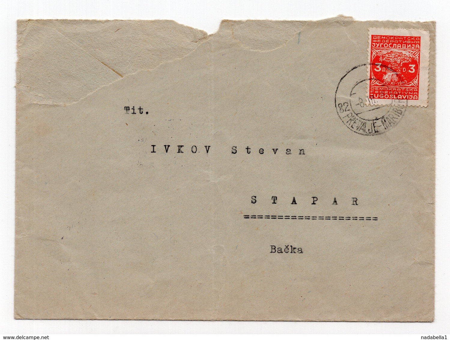 1949 YUGOSLAVIA, SLOVENIA, TPO 82 PREVALJE- MARIBOR, SENT TO STAPAR, BACKA, SERBIA - Cartas & Documentos