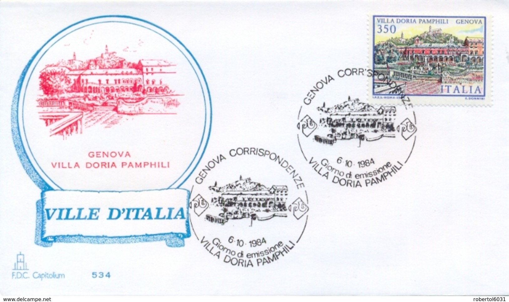 Italia 1984 FDC CAPITOLIUM Ville D'Italia Genova Villa Doria Pamphili - Monumenti