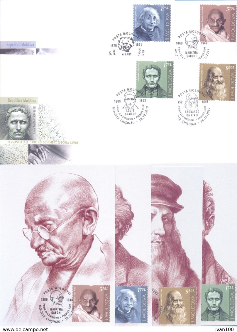 2019. Mahatma Gandhi, A.Einstein, Leonardo Da Vinci, L. Braille, Set Of 4 FDC + 4 Maxicards, Mint/** - Mahatma Gandhi