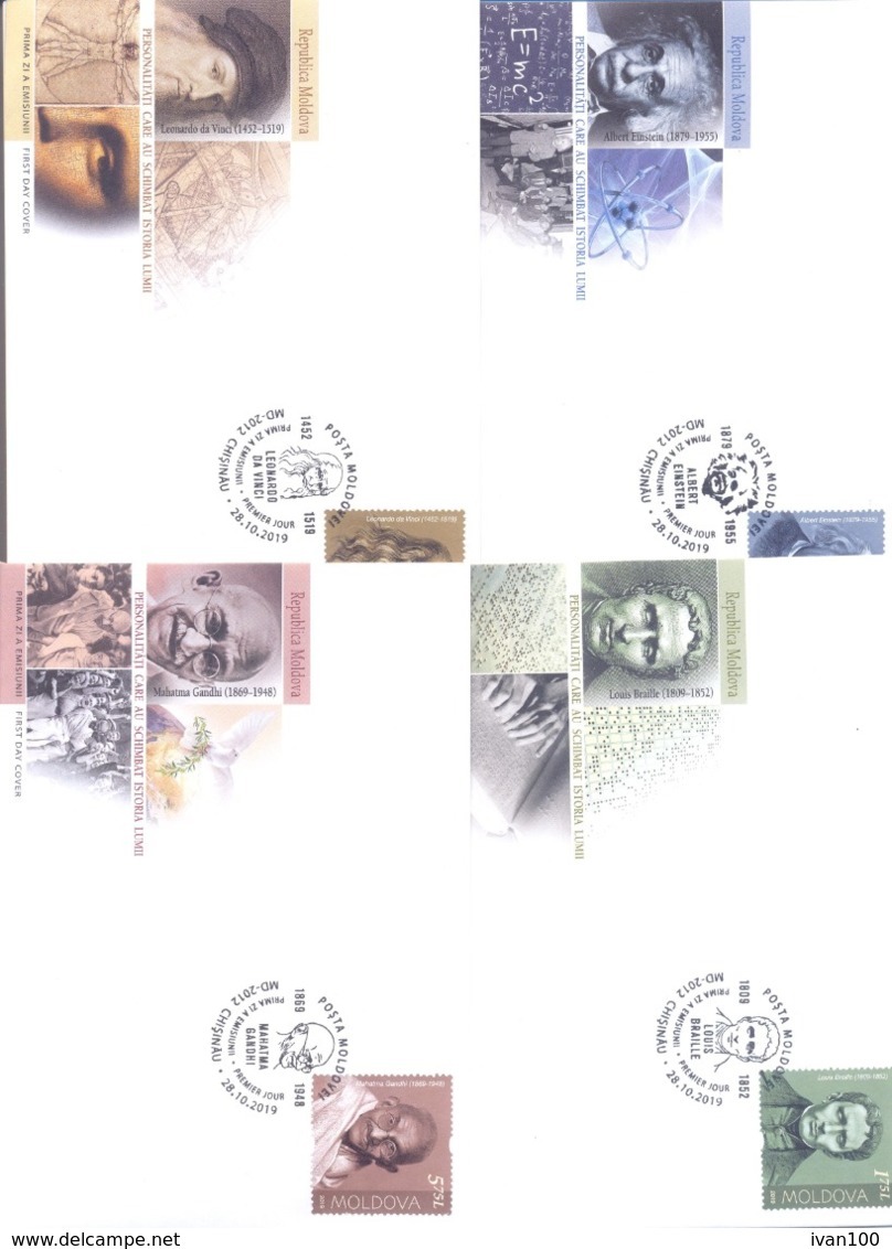 2019. Mahatma Gandhi, A.Einstein, Leonardo Da Vinci, L. Braille, Set Of 4 FDC + 4 Maxicards, Mint/** - Mahatma Gandhi