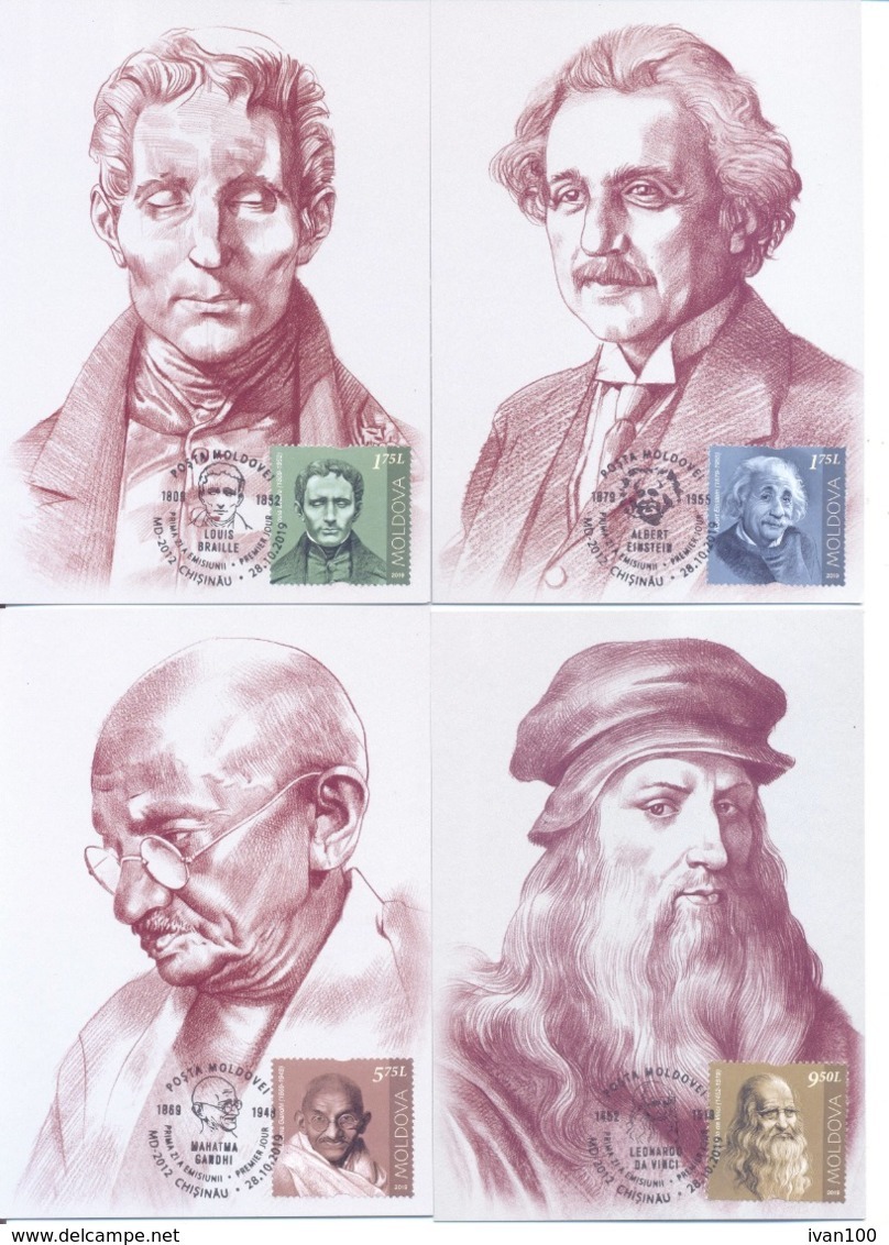 2019. Mahatma Gandhi, A.Einstein, Leonardo Da Vinci, L. Braille, Set Of 4 FDC + 4 Maxicards, Mint/** - Mahatma Gandhi