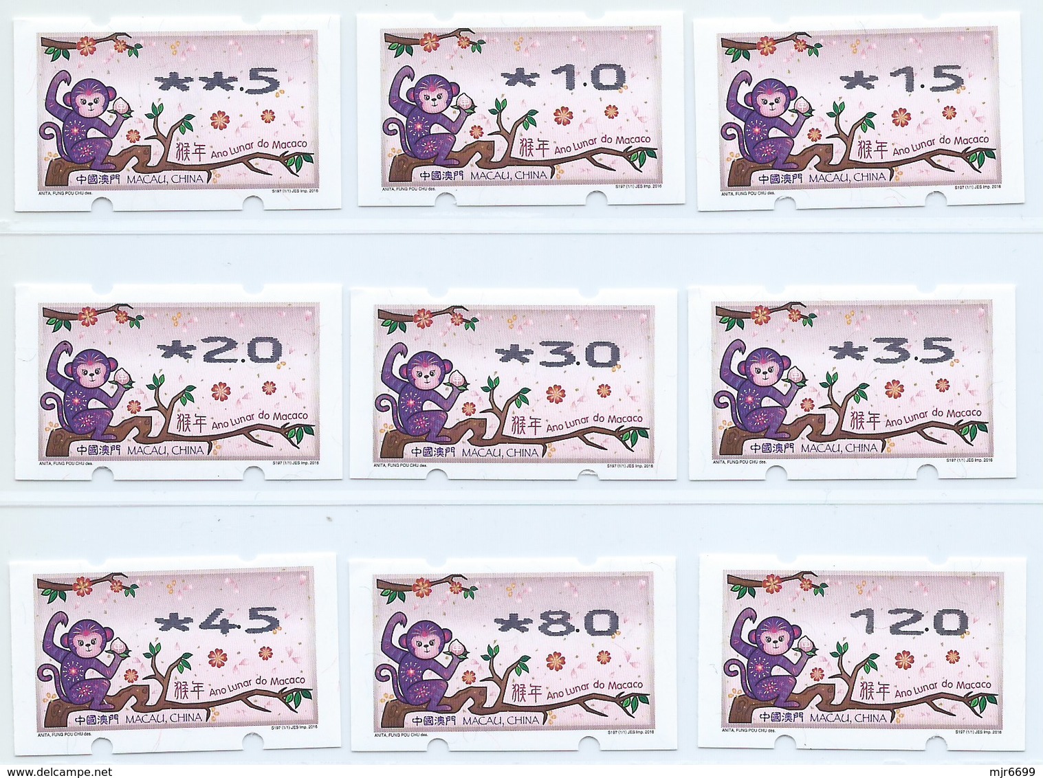 MACAU ATM LABELS, ZODIAC NEW YEAR OF THE MONKEY ISSUE COMPLETE SET OF 9 NAGLER 104 (NO 5PAT) - Automaten