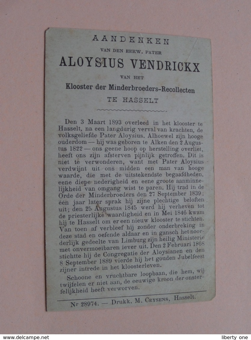 DP E. Pater ALOYSIUS VENDRICKX () Alken 2 Aug 1822 - Hasselt Klooster 3 Maart 1893 ( Zie Foto's ) ! - Décès