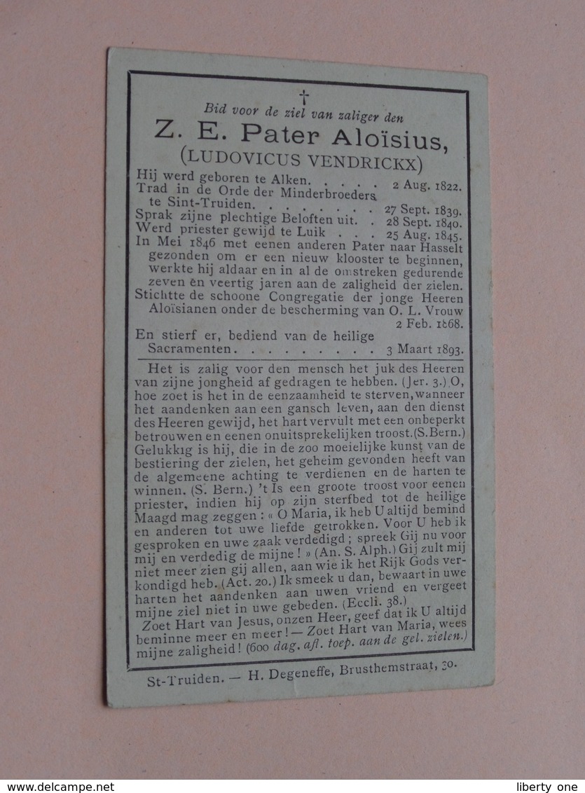 DP Z.E. Pater ALOYSIUS ( Ludovicus VENDRICKX ) Alken 2 Aug 1822 - Hasselt 3 Maart 1893 ( Zie Foto's ) ! - Décès