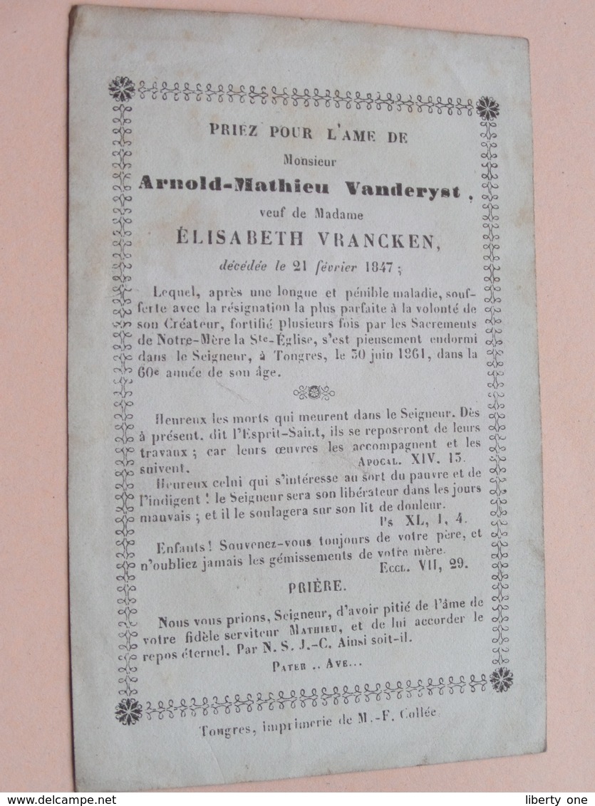 DP Arnold-Mathieu VANDERYST ( Elisabeth VRANCKEN 21 Fev 1847) Tongres 30 Juin 1861 > Age De 60 Ans ( Zie Foto's ) ! - Décès