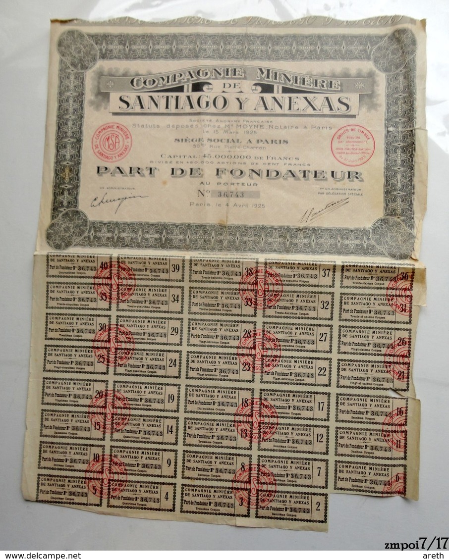 Part De Fondateur Compagnie Miniere SANTIAGO Y ANEXAS 1925 - Other & Unclassified