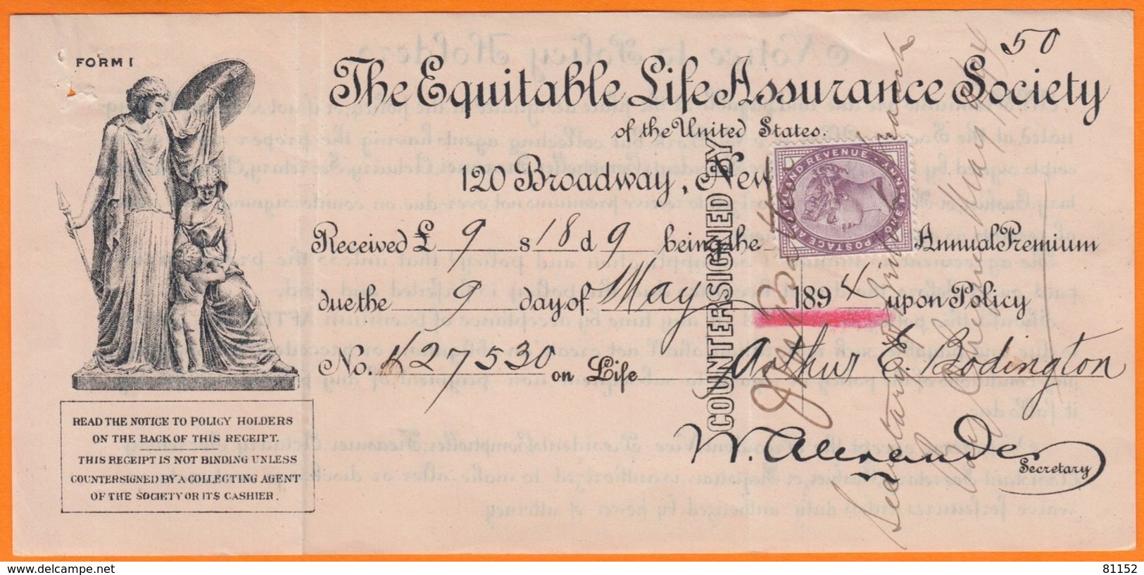 Timbre  Type De 1881  1p Violet  Y.T.num 73  Sur Coupon De 1894  POLICE ASSURANCE  " THE  EQUITABLE " - Covers & Documents