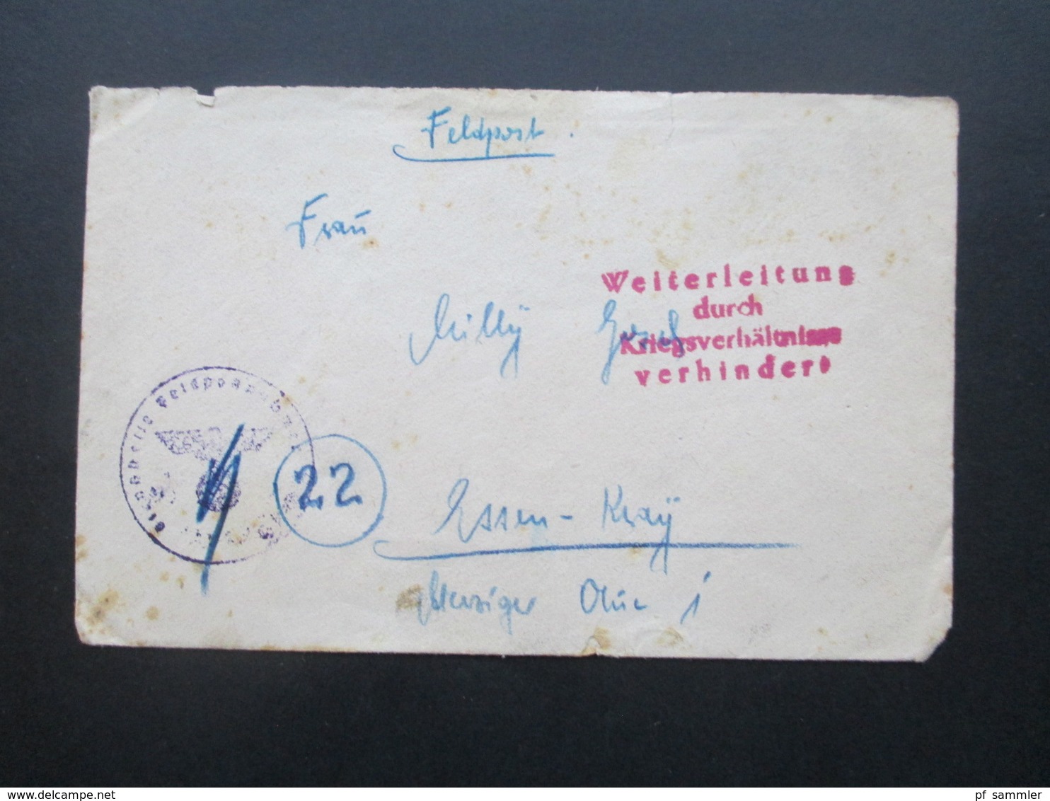 3. Reich Feldpost 2. WK 1945 Violetter Stempel L4 Weiterleitung Durch Kriegsverhältnisse Verhindert FP Stempel Mit Haken - Briefe U. Dokumente