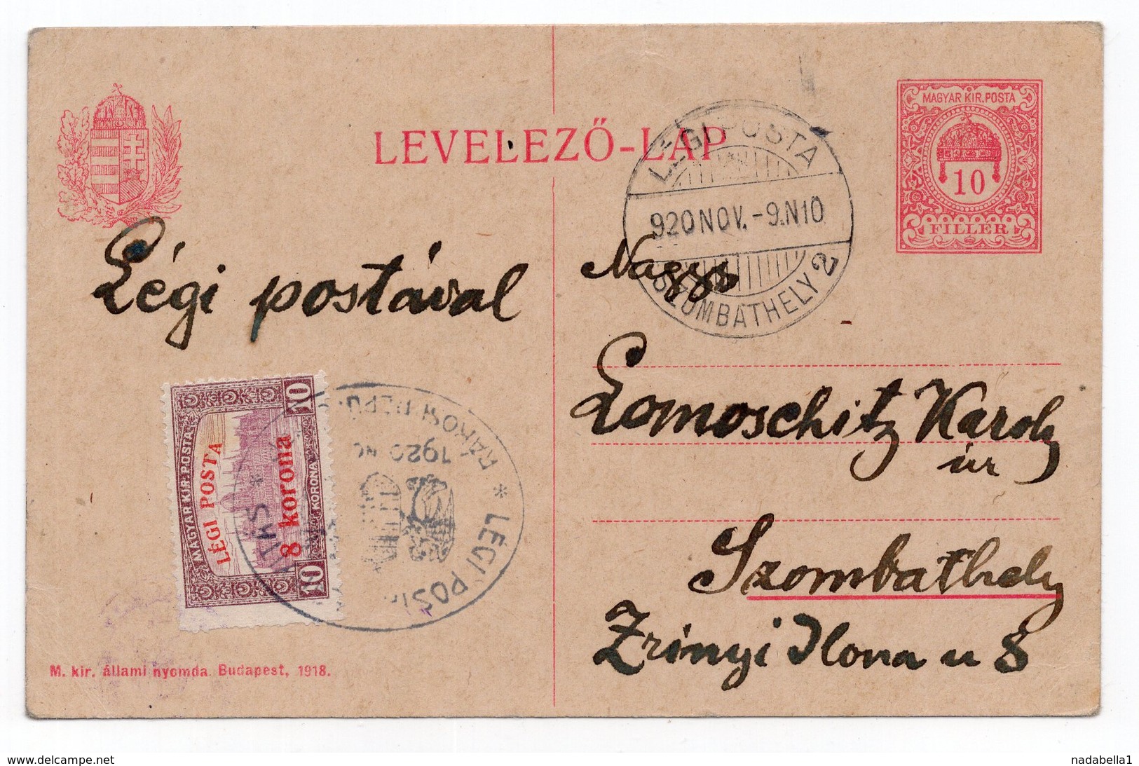 09.11.1920 HUNGARY, LEGI POSTA, STATIONERY CARD, USED - Postal Stationery