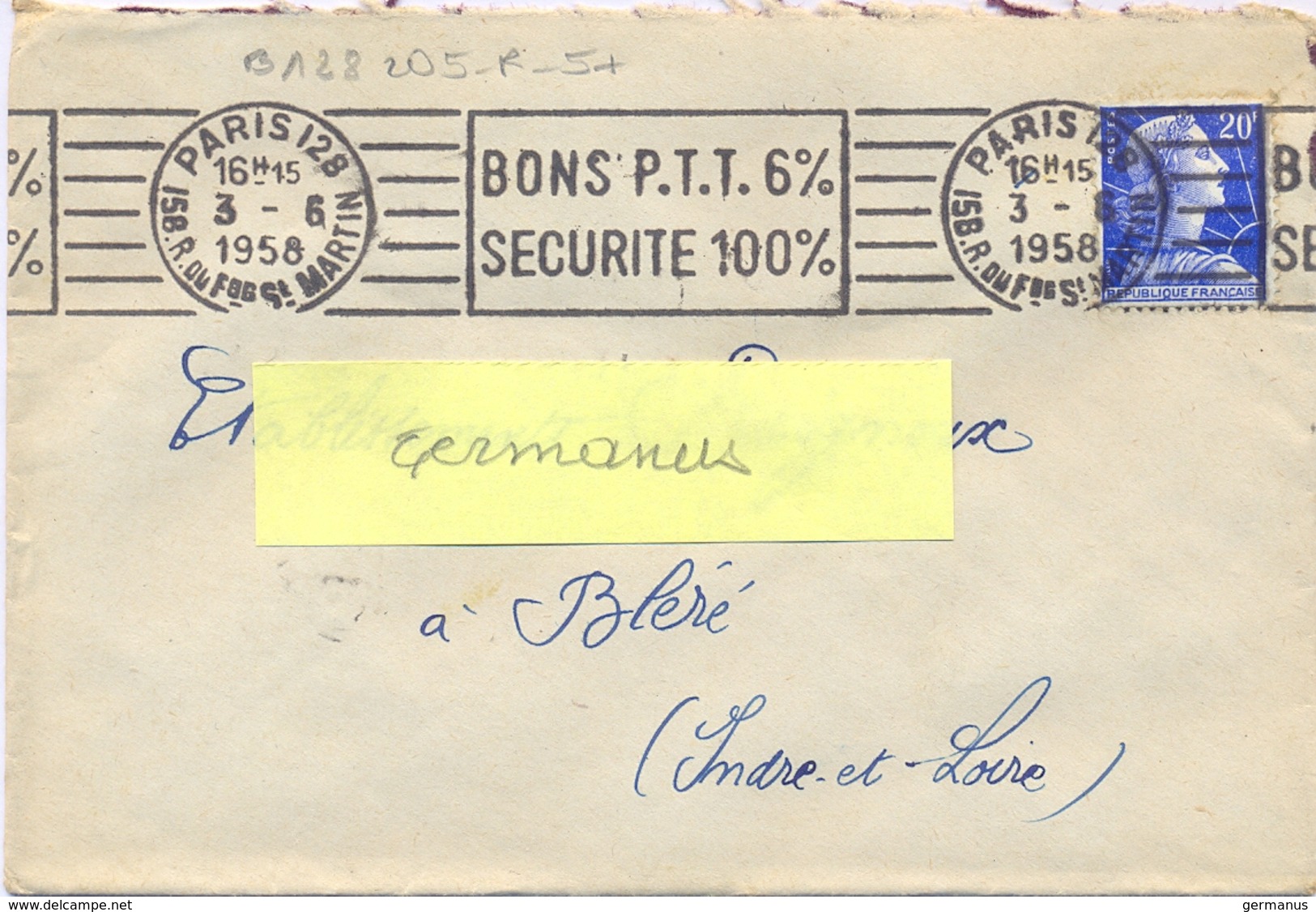 PARIS 128 158. R. DU Fbg ST MARTIN OMec RBV 3-6-1956 BONS P.T.T. 6% / SECURITE 100% - Maschinenstempel (Werbestempel)