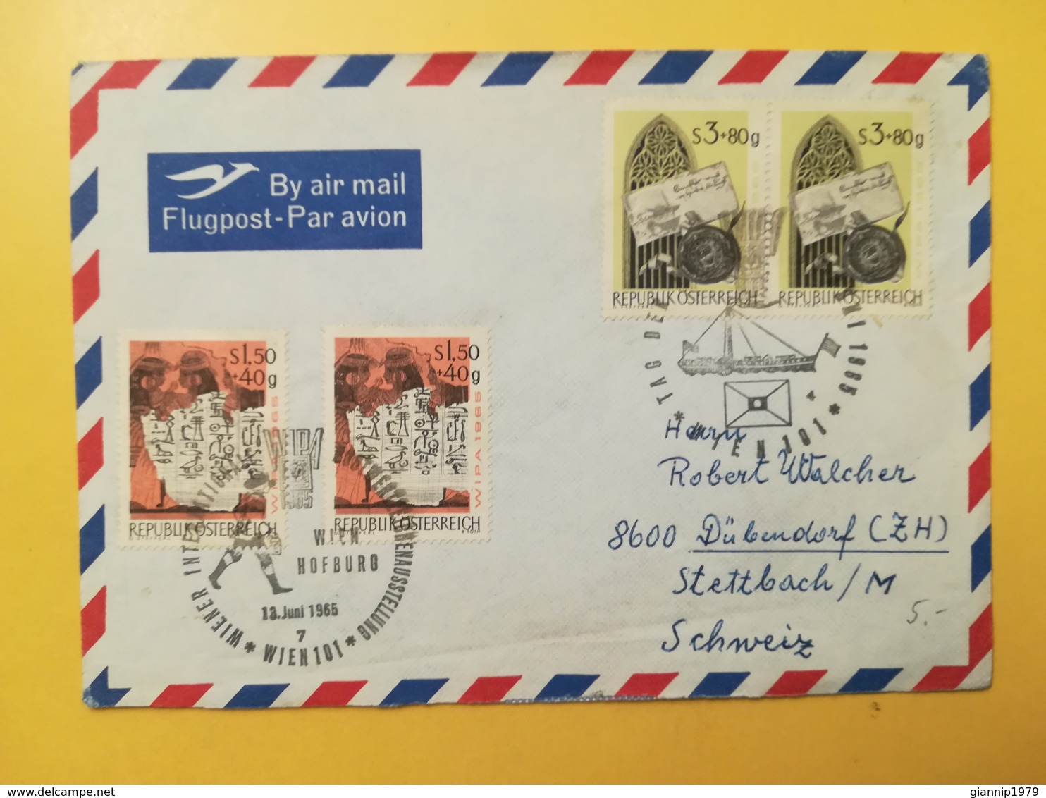 1965 BUSTA INTESTATA AIR MAIL AUSTRIA OSTERREICH BOLLO MOSTRA VIENNA WIPA ANNULLO WIEN OBLITERE' - Storia Postale