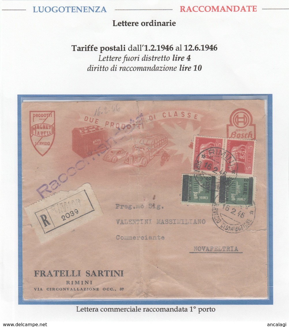 LuogoT. 070 - LUOGOTENENZA 1946 - Lettera Commerciale Racc.in Tariffa, Rimini Novafeltria 16.2.46  - - Marcophilie