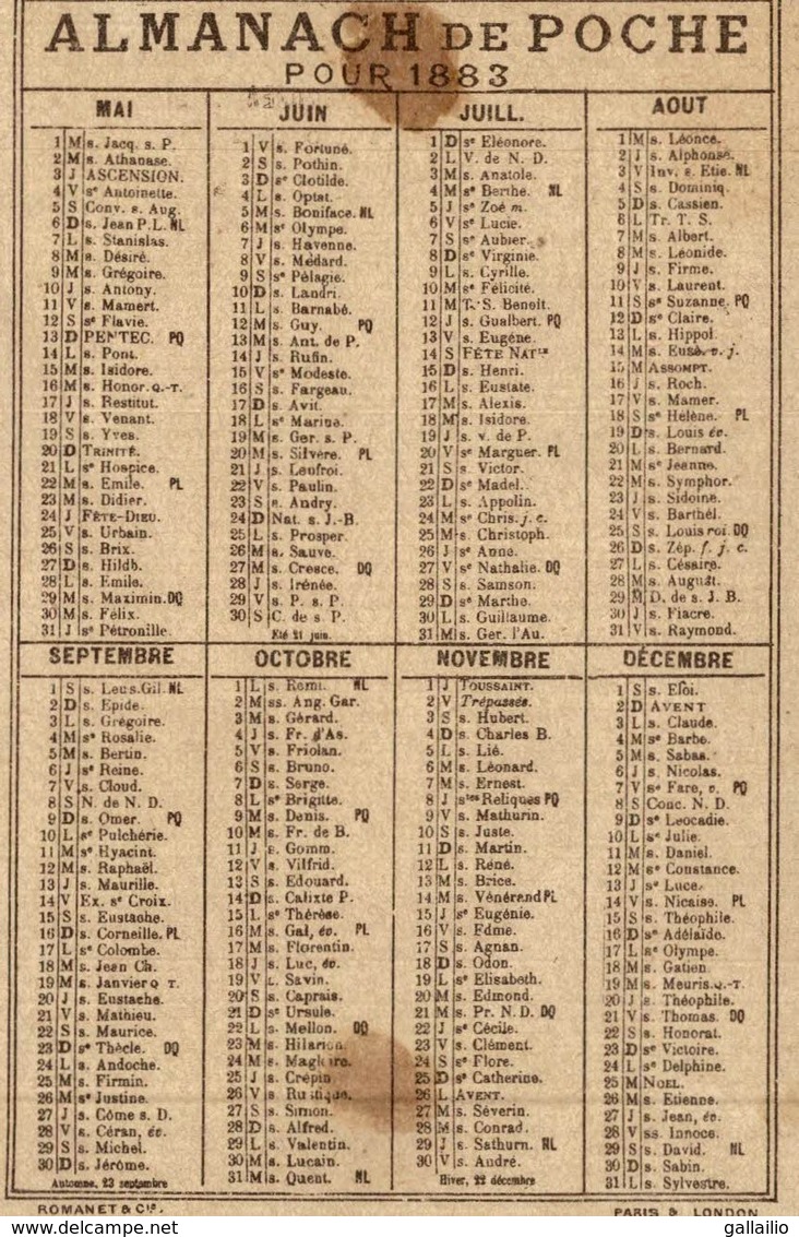 RARE CHROMO CALENDRIER DE 1883 A LA VILLE DE VIRE - Autres & Non Classés