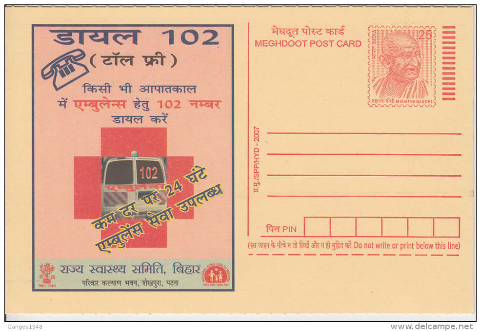 India 2007  Red Cross  Dial For Ambulance  Motor Van  Mahatma Gandhi Post Card # 51060 - Croix-Rouge
