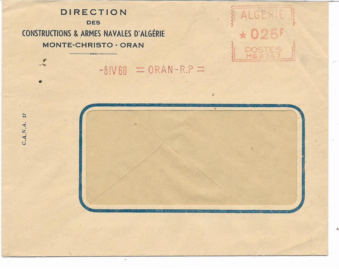 EMA  -8 IV 60=ORAN-R.P.=  ALGERIE *025F POSTES MG2747 - Armes Navales MONTE-CHRISTO-ORAN - EMA (Printer Machine)