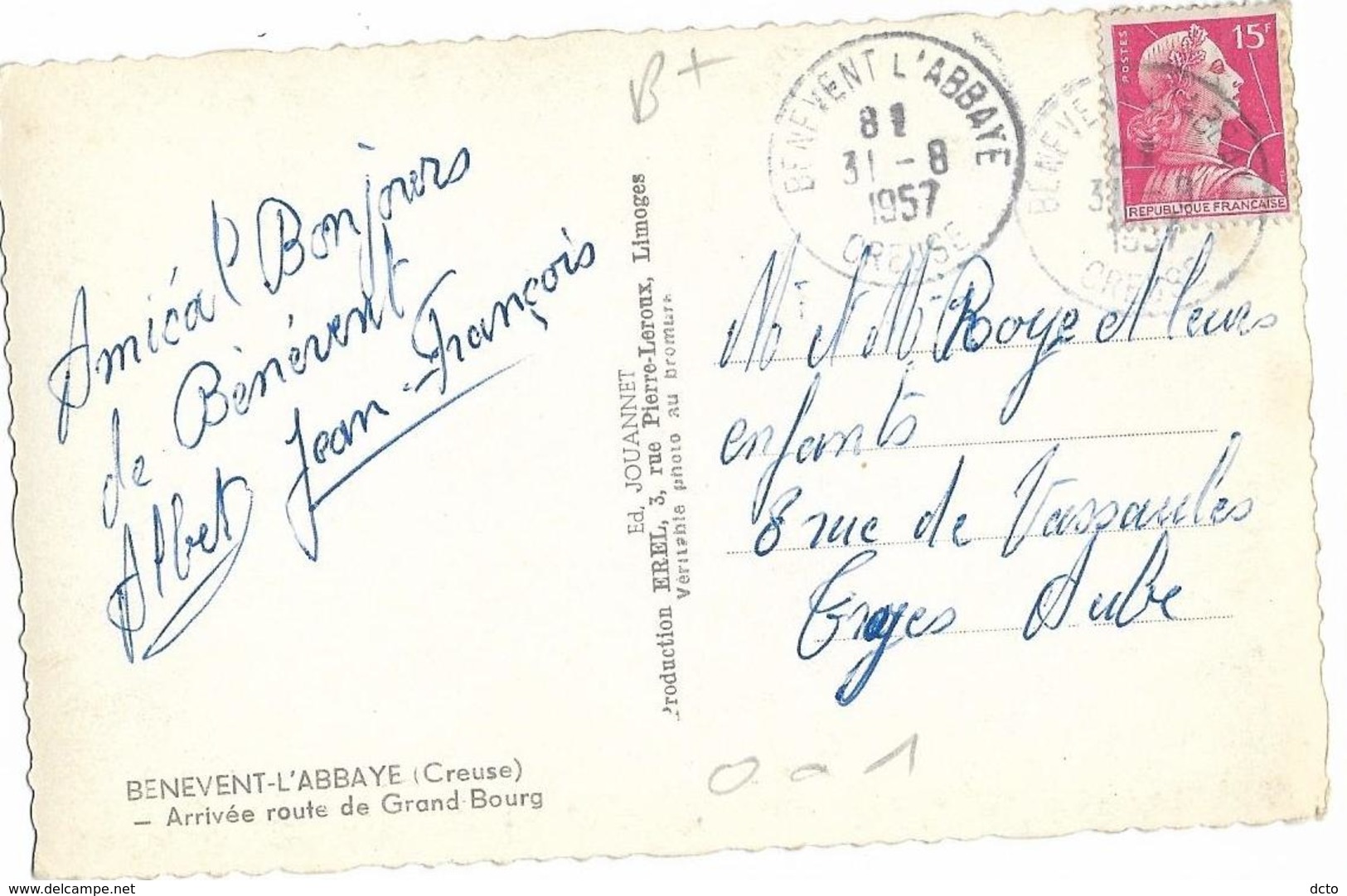 BENEVENT-L'ABBAYE Arrivée Route De Grand-Bourg Ed. Jouannet, Envoi 1957, Cpsm Pf - Benevent L'Abbaye