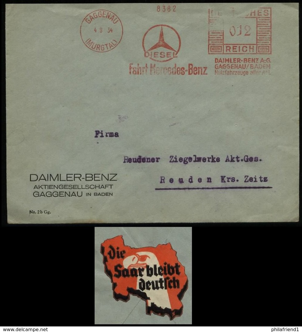 3. Reich - DR Briefumschlag Mit Freistempel Mercedes Daimler Benz AG Und Vignette , Adler , Die Saar Bleibt Deutsch: G - Storia Postale
