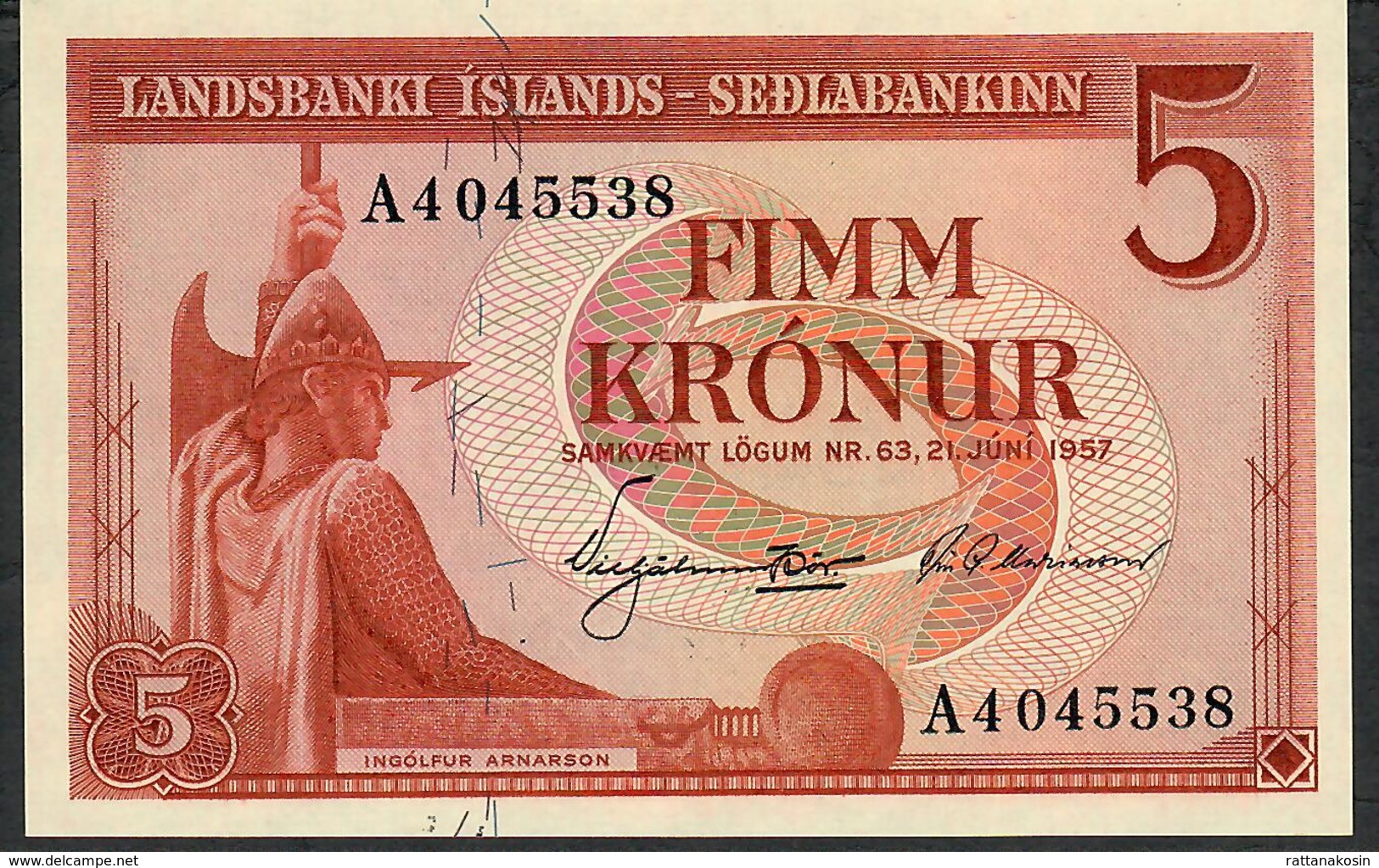 ICELAND P37b 5 KRONUR 1957 UNC. - Iceland