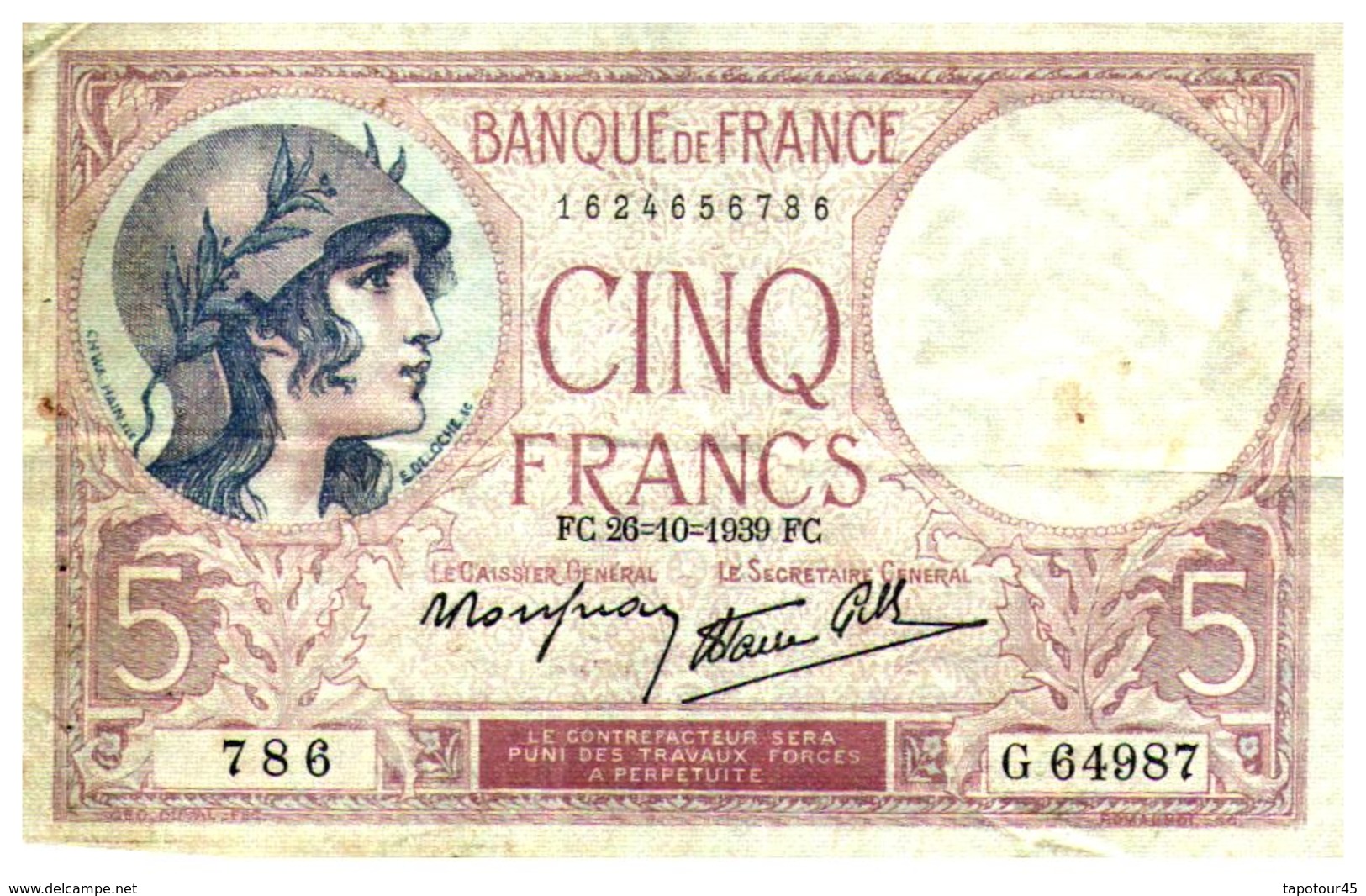 Billet > France > 5 Francs  FC.26=10=1939.FC.  >   G.64987 - 5 F 1917-1940 ''Violet''