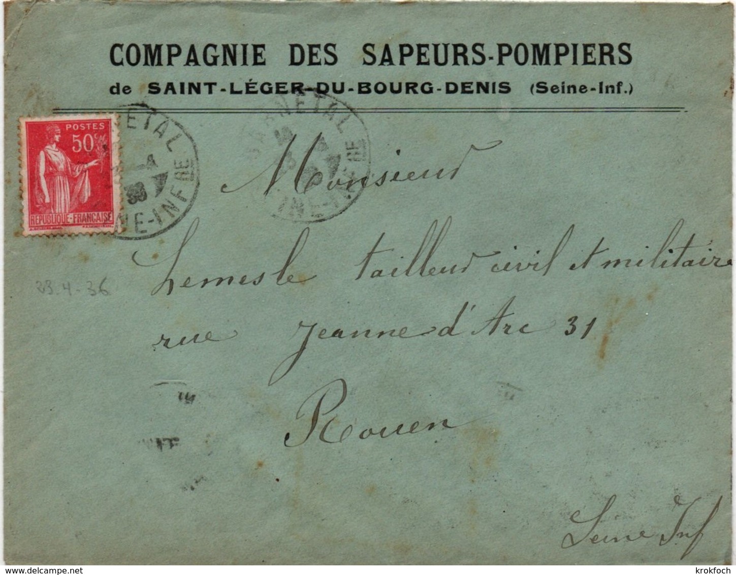 Compagnie Des Sapeurs-pompiers De Saint-Léger-du-Bourg-Denis 76 - Enveloppe 1936 Darnetal - 1921-1960: Moderne