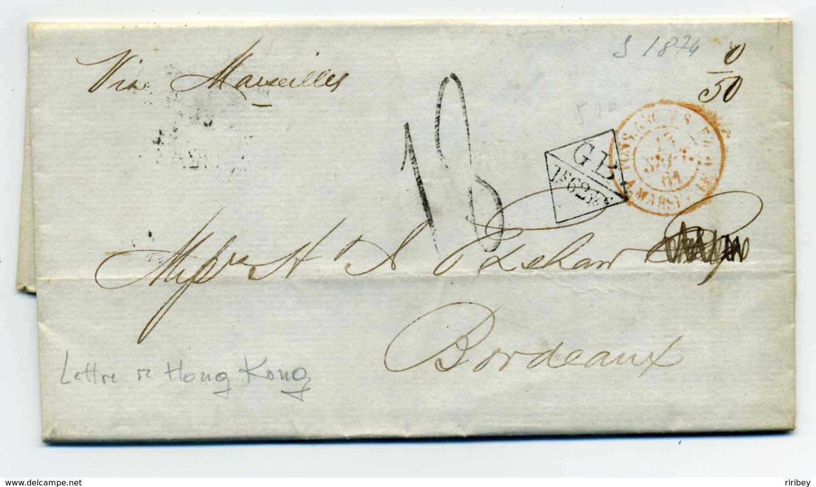 Lettre De HONG KONG / Cachet D'entrée Maritime Poss Anglaise Par Marseille + Cachet Taux De Taxe / 1861 - 1849-1876: Période Classique