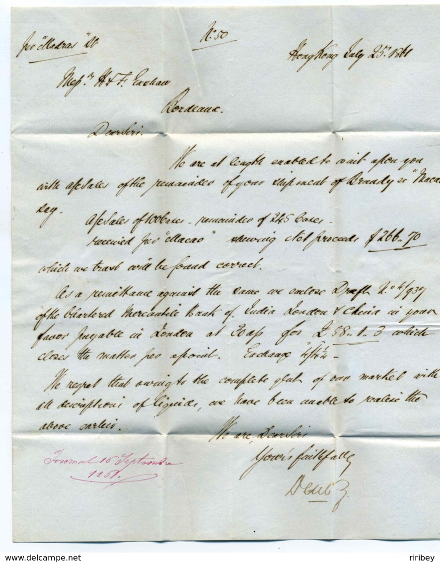 Lettre De HONG KONG / Cachet D'entrée Maritime Poss Anglaise Par Marseille + Cachet Taux De Taxe / 1861 - 1849-1876: Période Classique