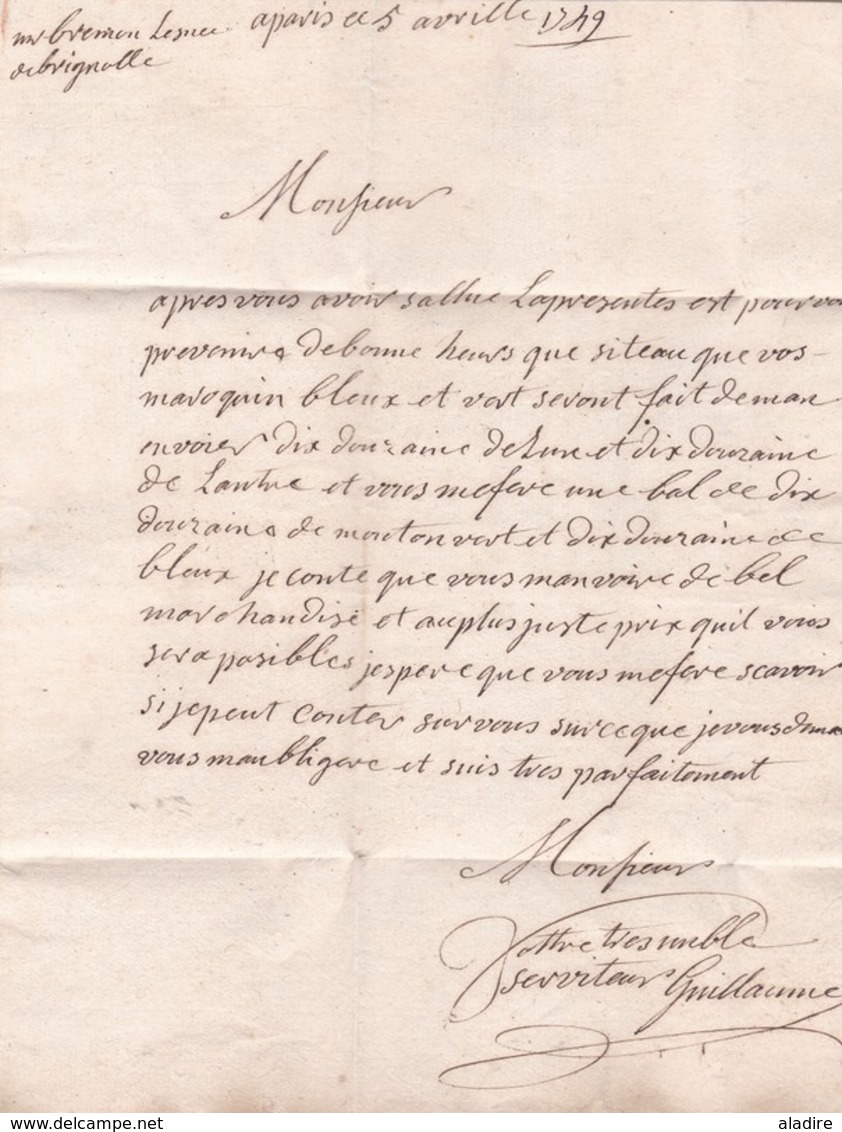 1749 -  Lettre Pliée De Paris  Vers Brignolle / Brignoles, Var - Mention Tarifaire Manuscrite - 1701-1800: Precursors XVIII