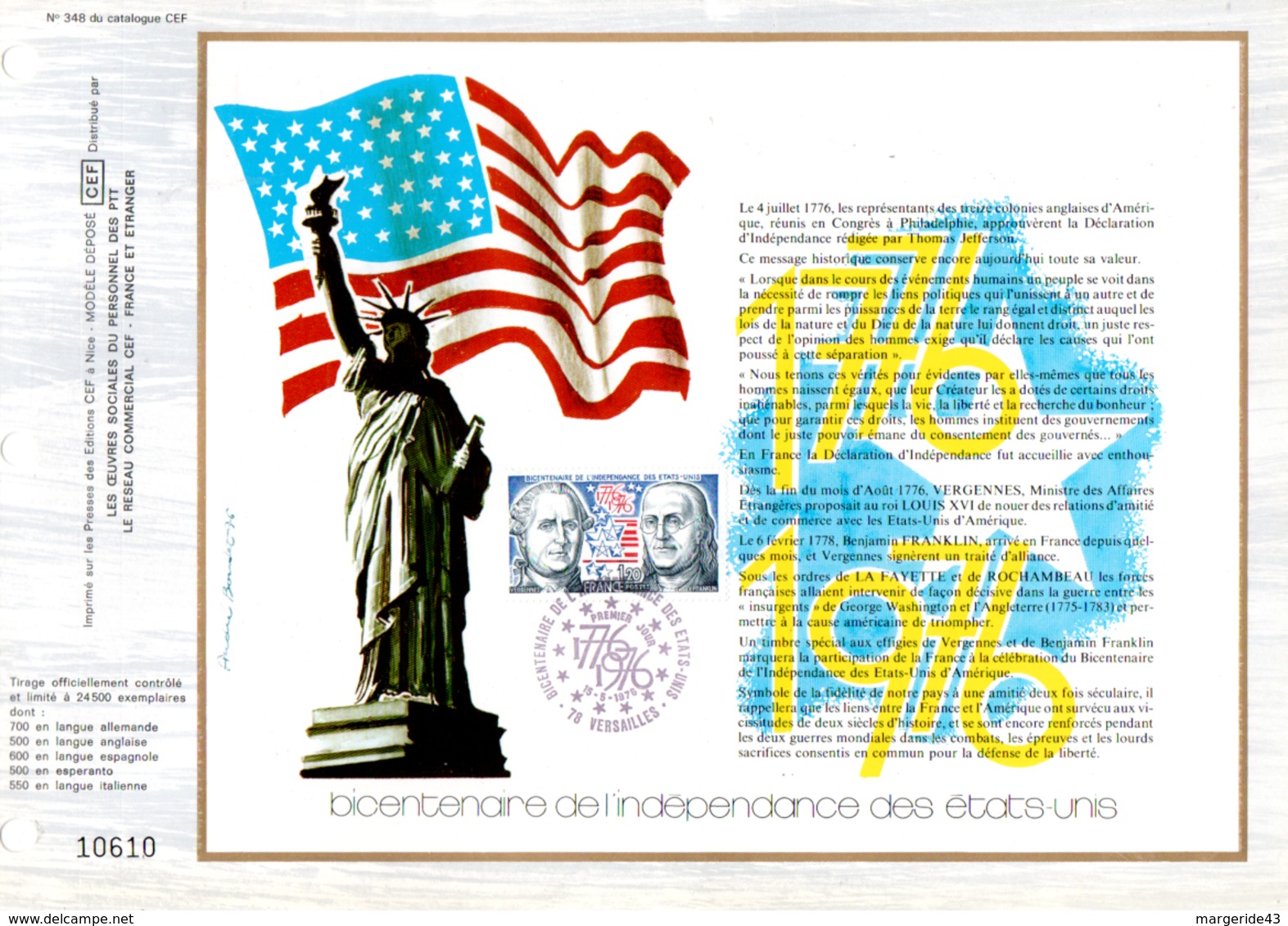 DOCUMENT FDC 1976 BICENTENAIRE INDEPENDENCE USA - 1970-1979