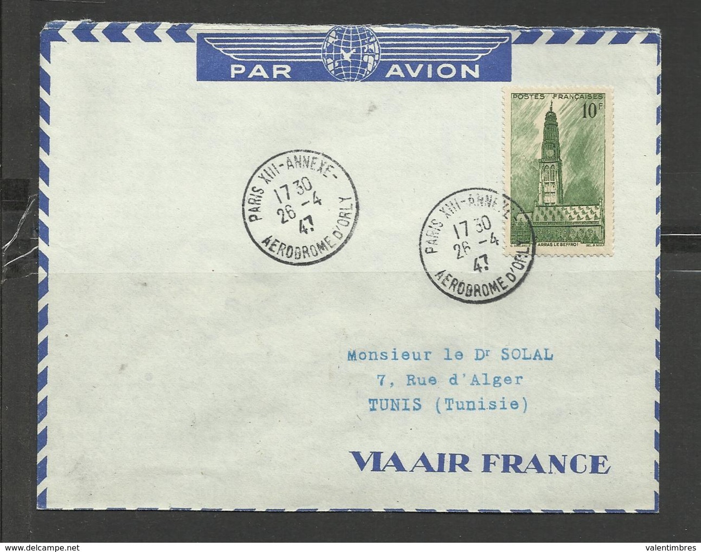 Poste Aérienne Lettre Air France Ref. 5 Paris Tunis YT 567seul Sur Lettre Beffroi Arras 26.4.47 - 1927-1959 Covers & Documents