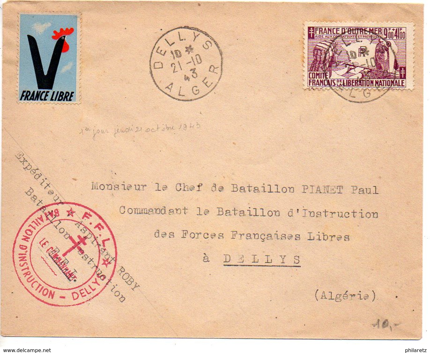 CG N° 64 Sur Lettre D'Algérie - CaD De Dellys Du 21.10.43 (1er Jour D'émission Du Timbre) - Vignette France Libre - Autres & Non Classés