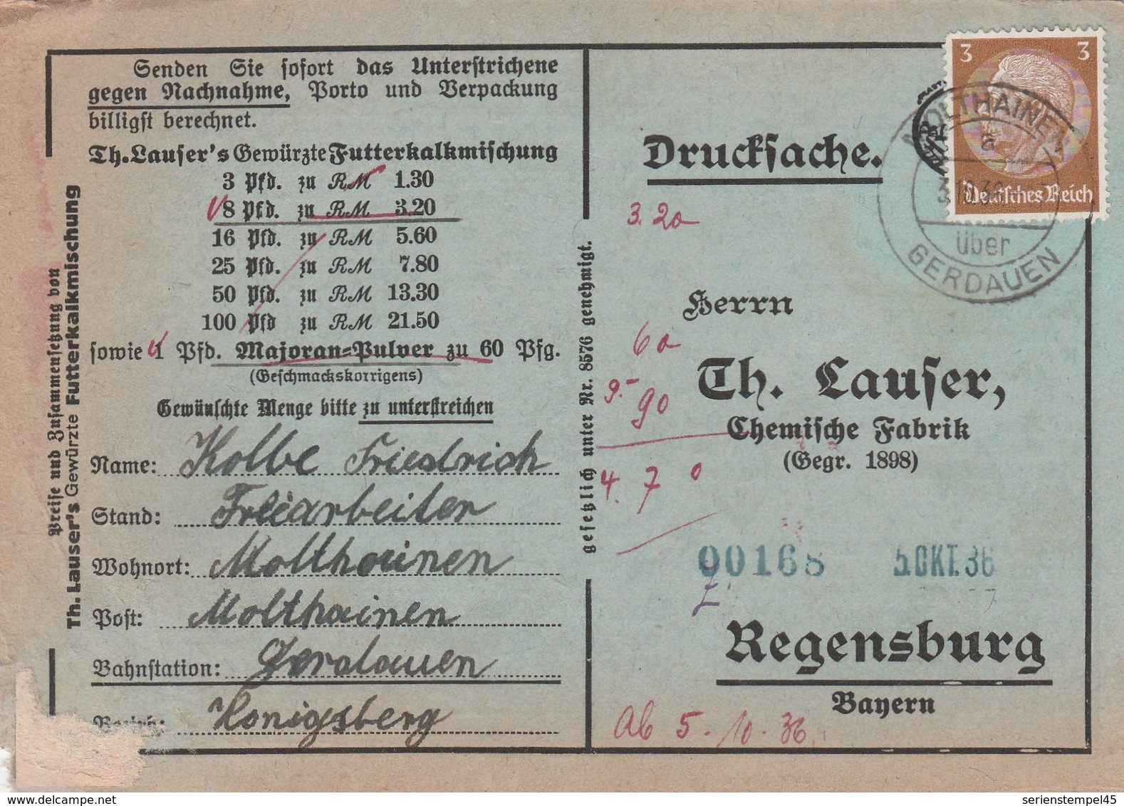 Ostpreussen Deutsches Reich Karte Mit Tagesstempel Molthainen über Gerdauen Kr Gerduen RB Königsberg 1936 - Covers & Documents