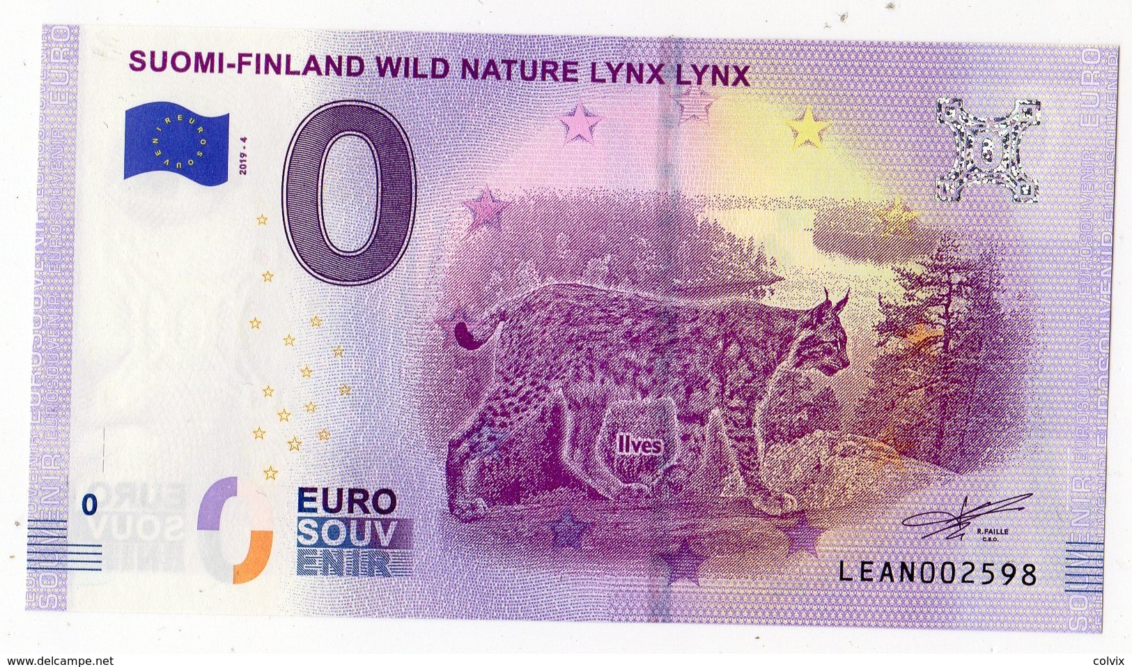 2019-4 BILLET TOURISTIQUE FINLANDE 0 EURO SOUVENIR N°LEAN002598 LYNX - Essais Privés / Non-officiels