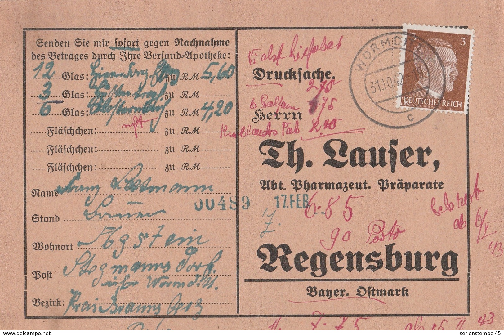 Ostpreussen Deutsches Reich Karte Mit Tagesstempel Wormditt Kr Braunsberg RB Königsberg 1942 - Cartas & Documentos