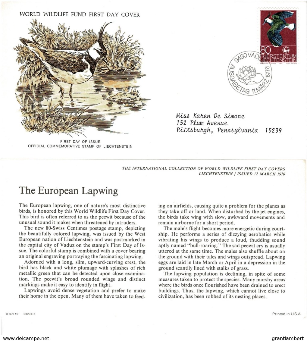 Liechtenstein 1976 The European Lapwing - Bird WWF FDC - FDC