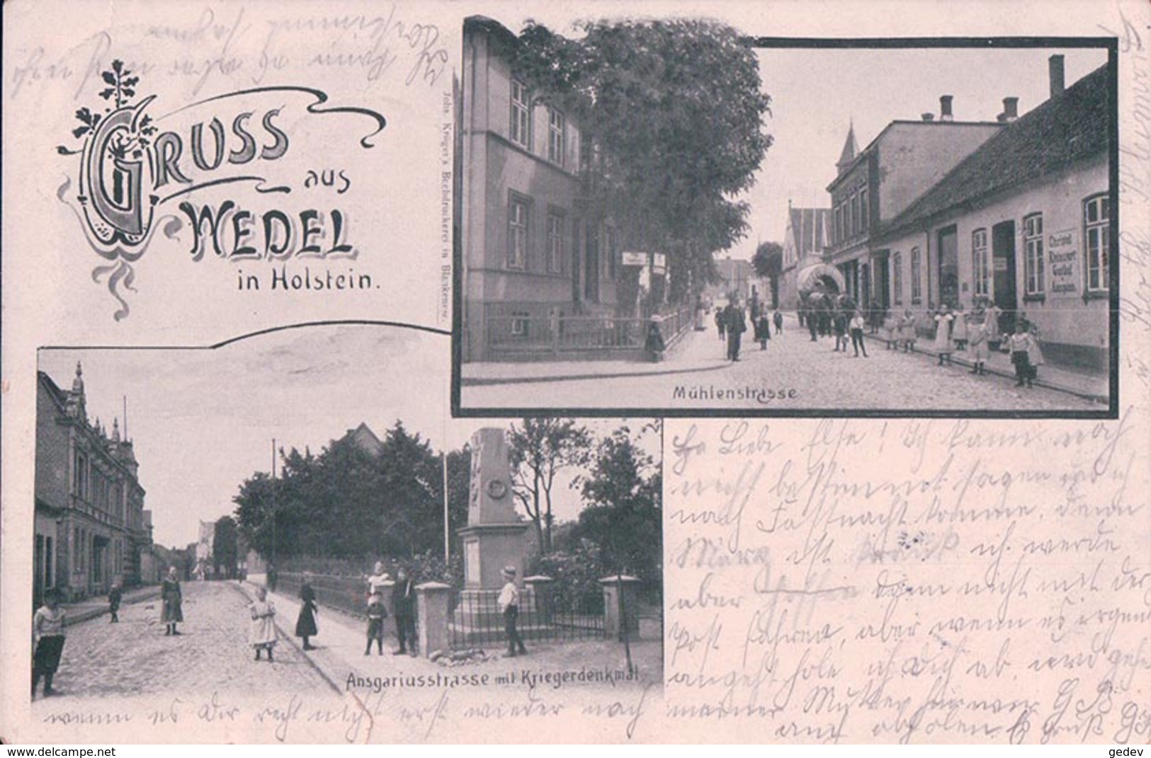 Allemagne, Holstein, Gruss Aus Wedel, Mühlenstrasse, Ansgariusstrasse Mit Kriegdenkmal, Attelage (13.2.1904) - Wedel