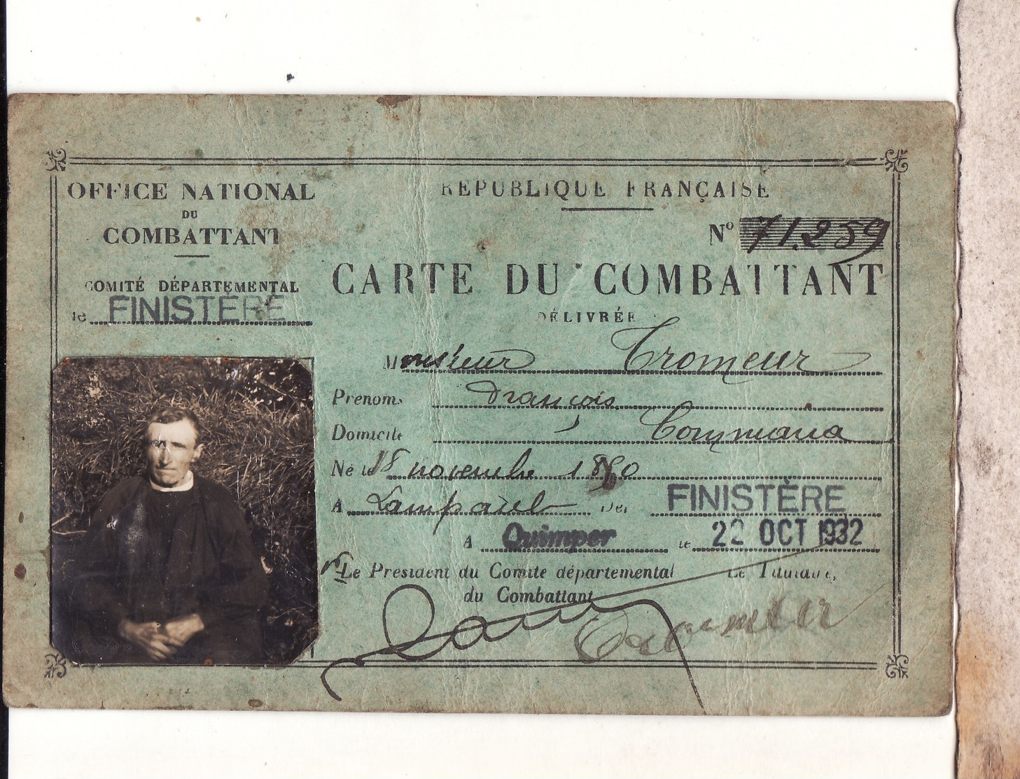 Ancienne Carte Du Combattant Finistere Commana - Documents