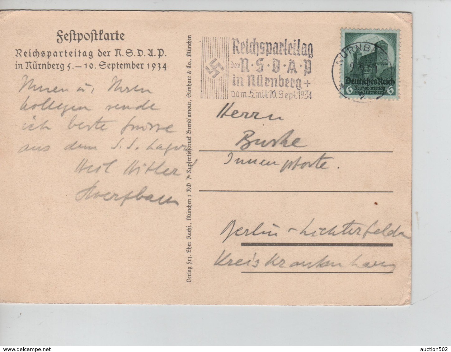 81PR/ Deutsches Reich PK Reichsparteitag Nürnberg 1934 C.NÜrnberg 9/9/34 > Berlin - Briefe U. Dokumente