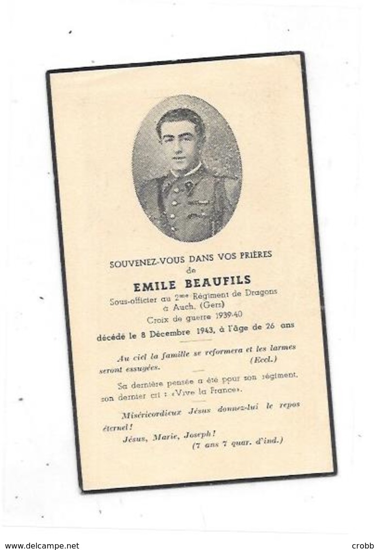 11314 - Avis Décès AUCH  Sous Officier Emile BEAUFILS, 2ième Régiment De Dragons, - 1939-45