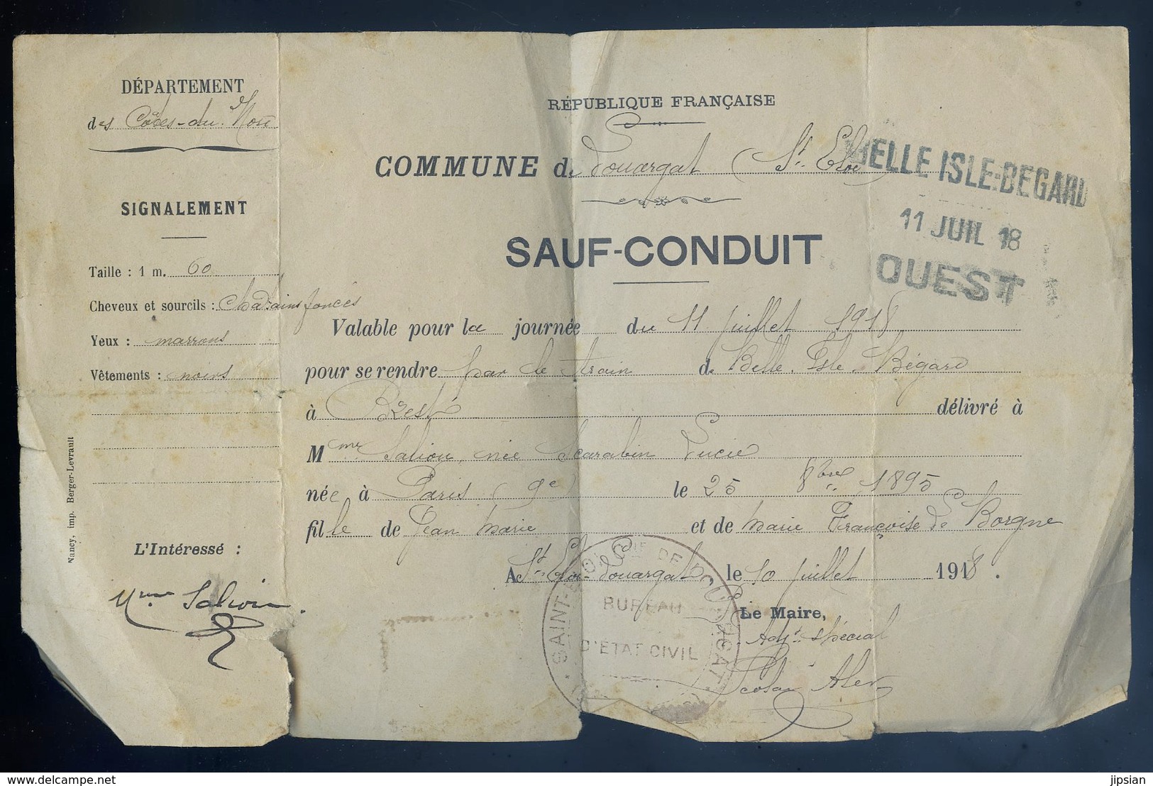 Sauf Conduit 11 Juillet 1918 Pour Se Rendre Par Le Train De Belle Isle à Bégard Cachet De Saint Eloi Louargat DEC19-15 - Europa