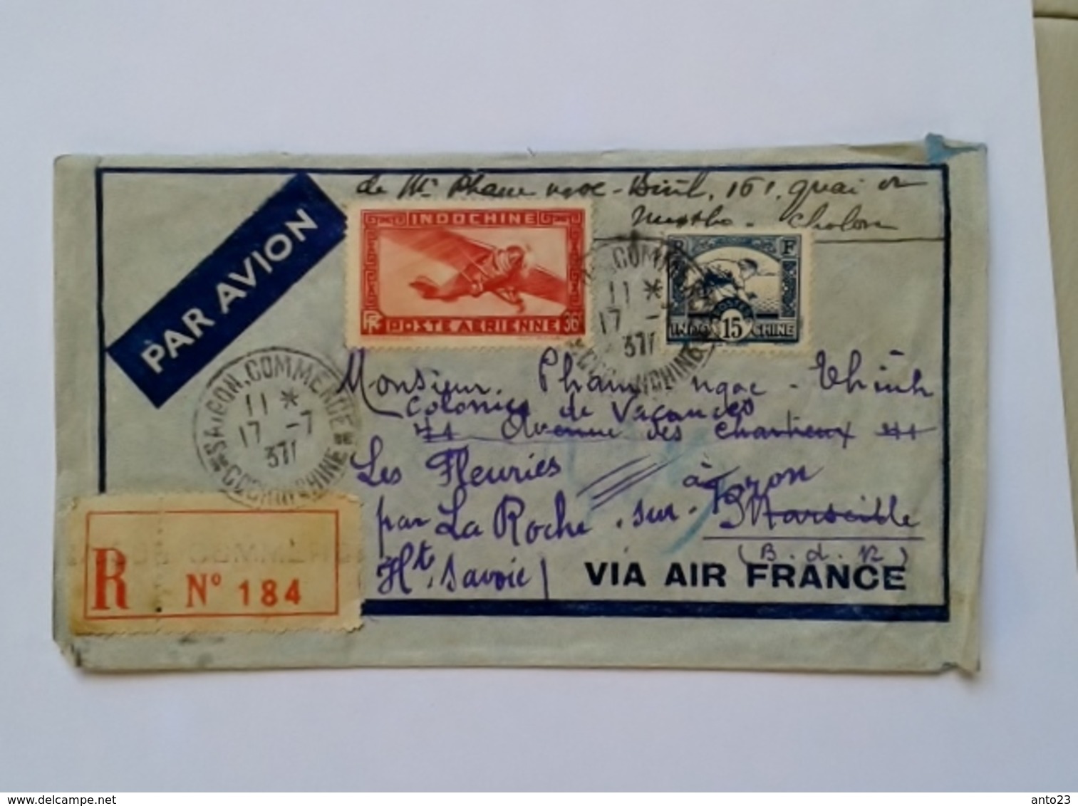 INDOCHINE Cochinchine VIETNAM 1937 SAIGON COMMERCE LETTRE RECOMMANDEE POUR LA FRANCE LA ROCHE SUR TORON - Covers & Documents